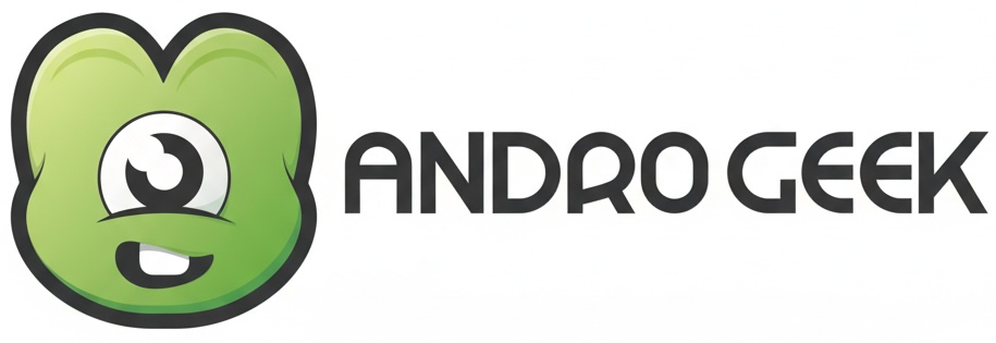 Green cartoonish one-eyed face next to the text "ANDROGEEK" in bold, stylized font.